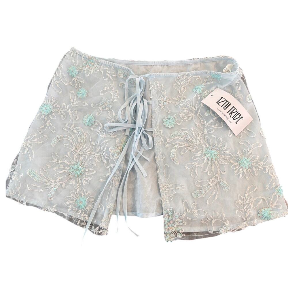 12th Tribe Lace Mini Skirt Womens M Blue Floral Embroidered Sheer Overlay NWT